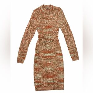 a ellen Knit Sweater Dress Rust Green Marled Long Sleeve Back Cutout Tie Boho